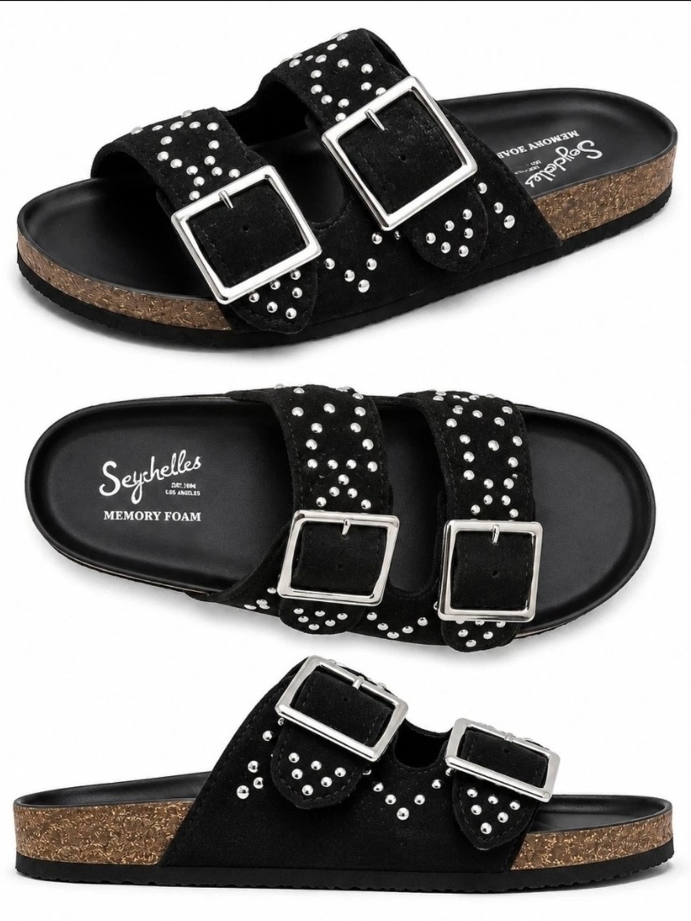 New Seychelles Black Studded Double-Buckle Memory Foam Sandals 8